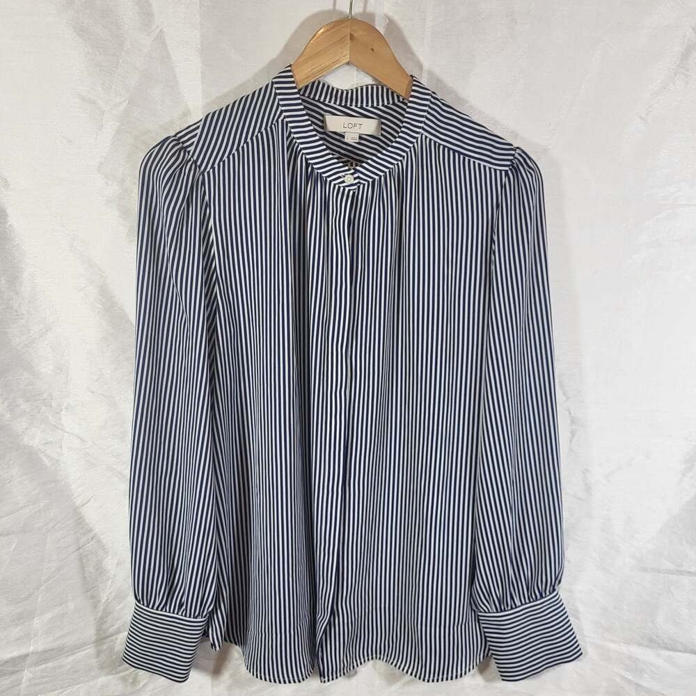 LOFT Blue and White Nautical Striped Band Collar Blouse Size L